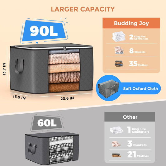 90L Large Storage Bags 6 Pack – Foldable Clothes Storage Bins with Reinforced Handles