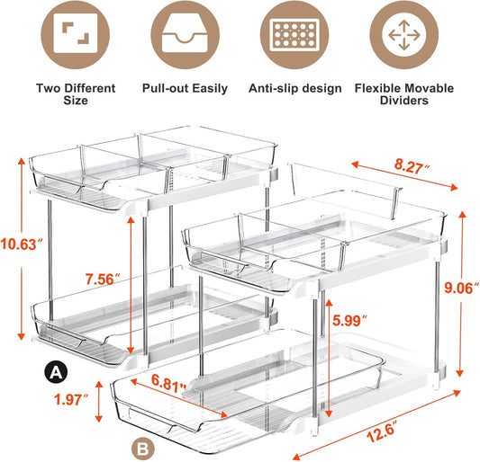 2 Tier Under Sink Organizer 2 Pack – Pull Out Bathroom & Kitchen Storage with Dividers