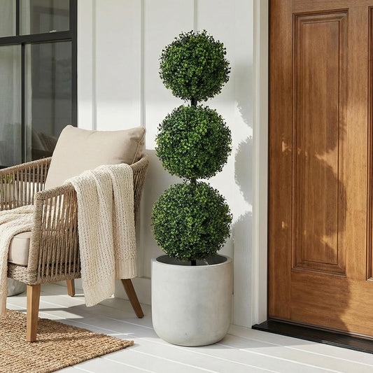 36" Artificial Boxwood Topiary Tree – Triple Ball Faux Plant Indoor/Outdoor