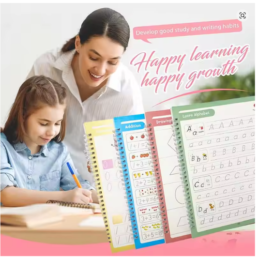 Magic Reusable Copybook Set for Kids (4 Pack) – English, Math & Drawing Writing Practice Books